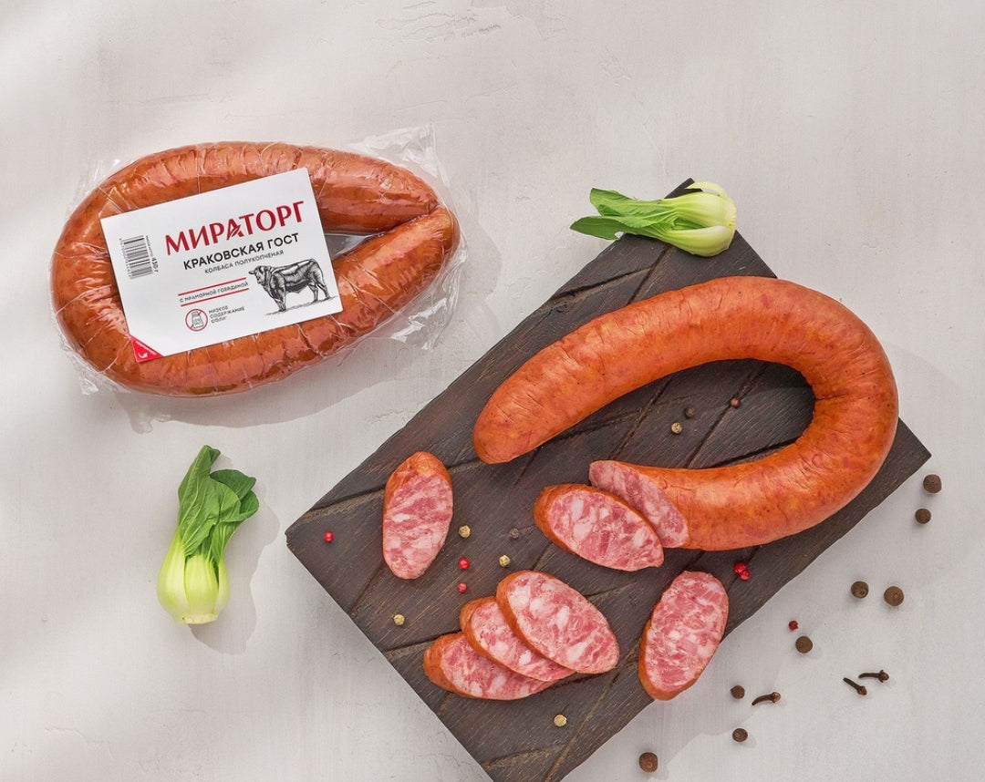 колбаса "Краковская"полукопченая/Semi-smoked "Krakov"sausage,MADE IN RUSSIA